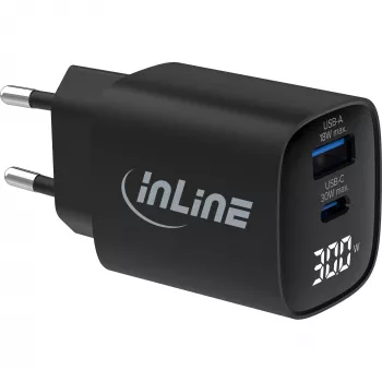 InLine USB PD-voeding, GaN-oplader, 2 poorten, USB-C + USB-A, 30W, met display