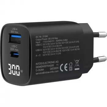 InLine USB PD-voeding, GaN-oplader, 2 poorten, USB-C + USB-A, 30W, met display