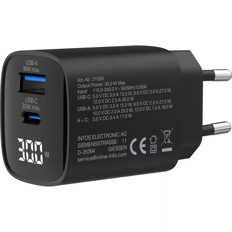 InLine USB PD-voeding, GaN-oplader, 2 poorten, USB-C + USB-A, 30W, met display