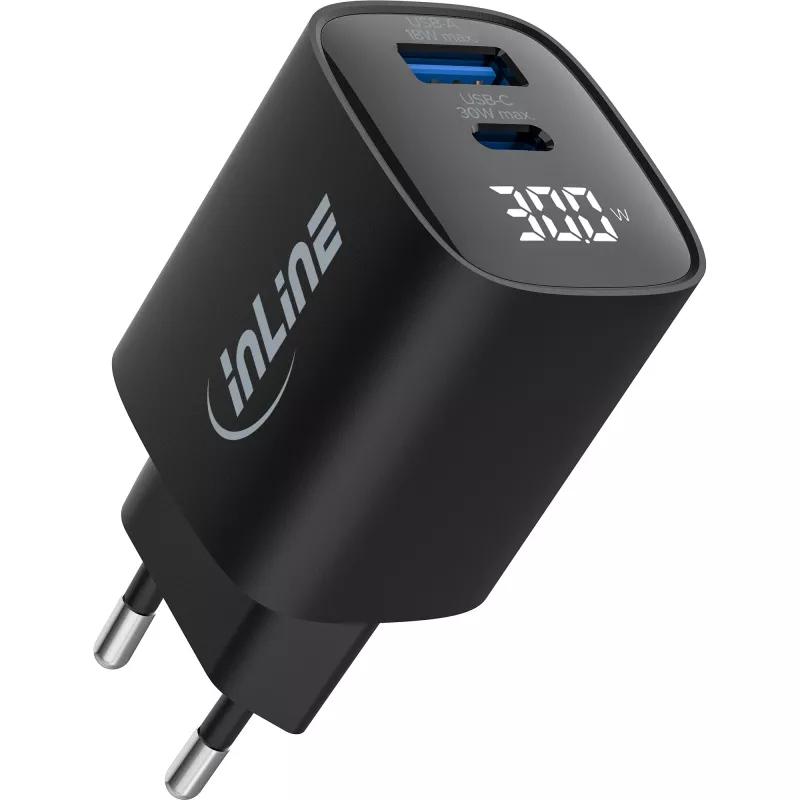 InLine USB PD-voeding, GaN-oplader, 2 poorten, USB-C + USB-A, 30W, met display