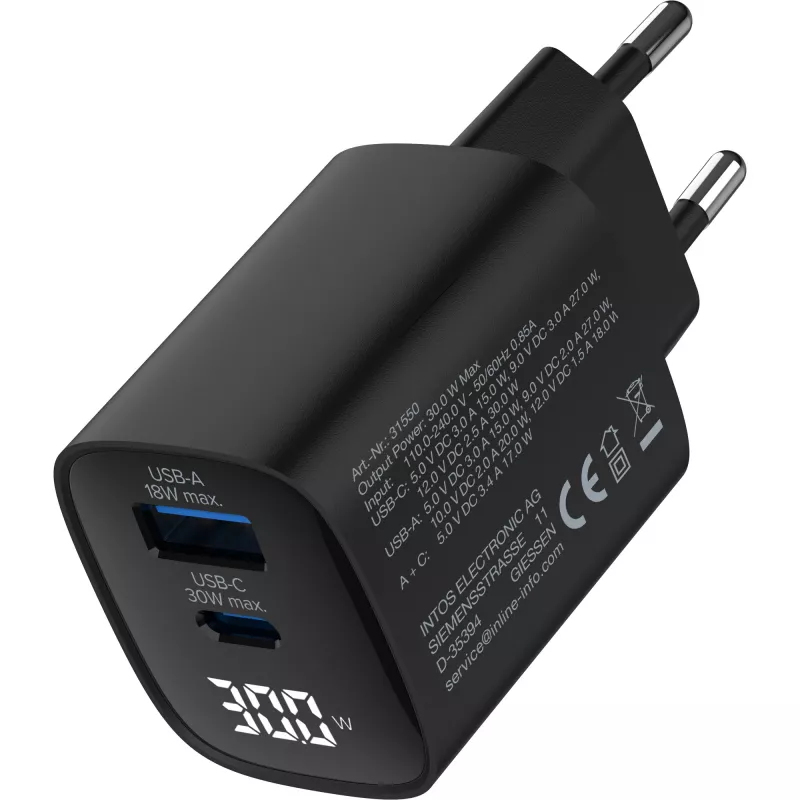 InLine USB PD-voeding, GaN-oplader, 2 poorten, USB-C + USB-A, 30W, met display