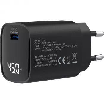 InLine USB PD-voeding, GaN-oplader, 1 poort, USB-C, 45W, met display