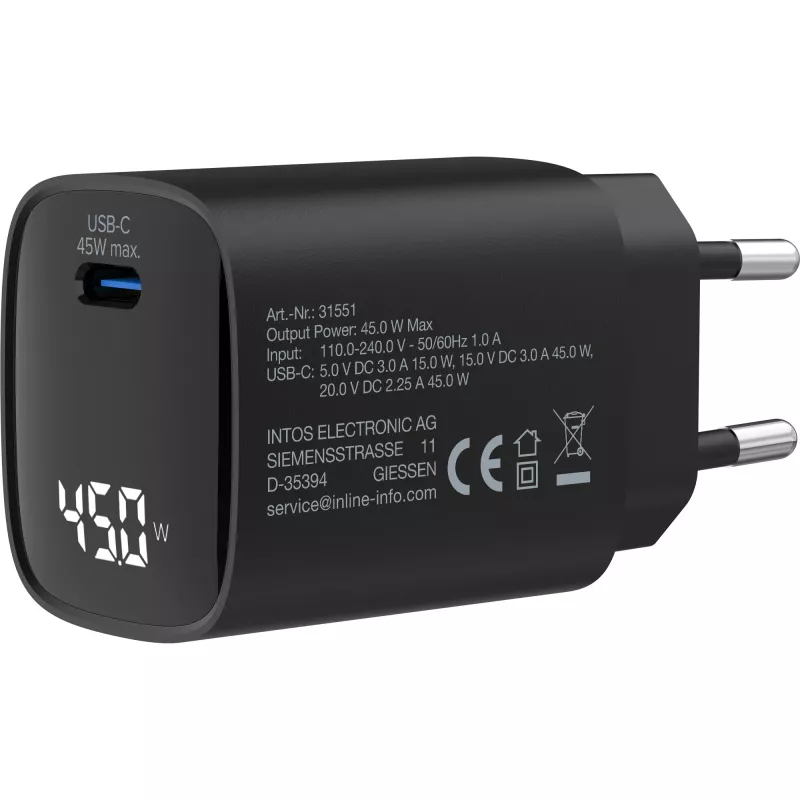 InLine USB PD-voeding, GaN-oplader, 1 poort, USB-C, 45W, met display