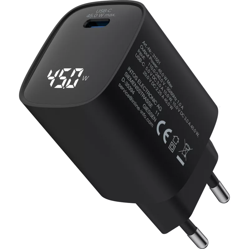 InLine USB PD-voeding, GaN-oplader, 1 poort, USB-C, 45W, met display