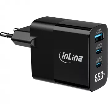 InLine USB PD-voeding, GaN-oplader, 3-voudig, USB-C + USB-A, 65 W, met display