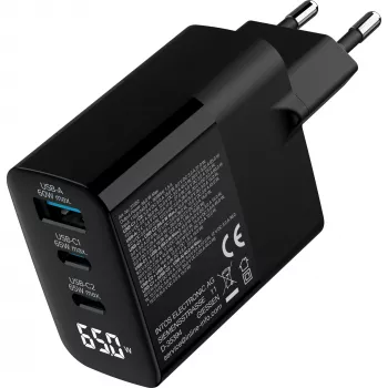 InLine USB PD-voeding, GaN-oplader, 3-voudig, USB-C + USB-A, 65 W, met display