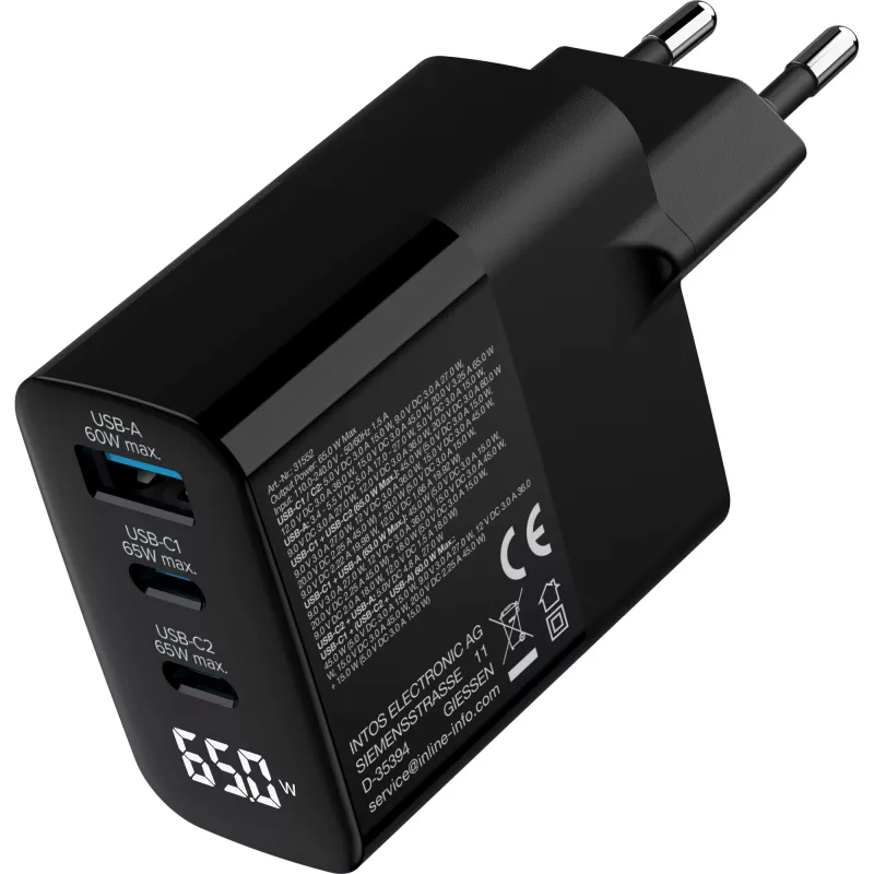 InLine USB PD-voeding, GaN-oplader, 3-voudig, USB-C + USB-A, 65 W, met display