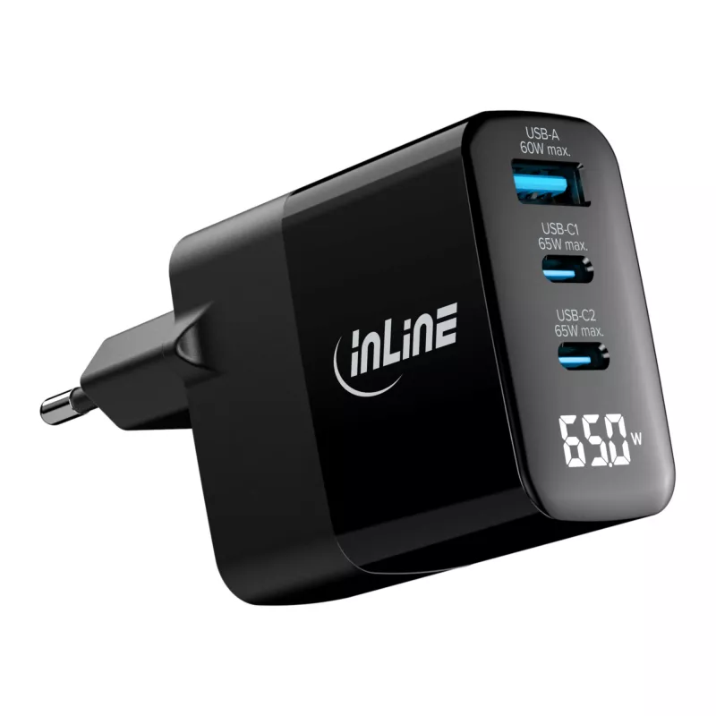 InLine USB PD-voeding, GaN-oplader, 3-voudig, USB-C + USB-A, 65 W, met display