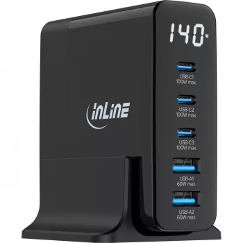 InLine USB PD-voeding, GaN-oplader, 5 poorten, USB-C + USB-A, 140W, met display