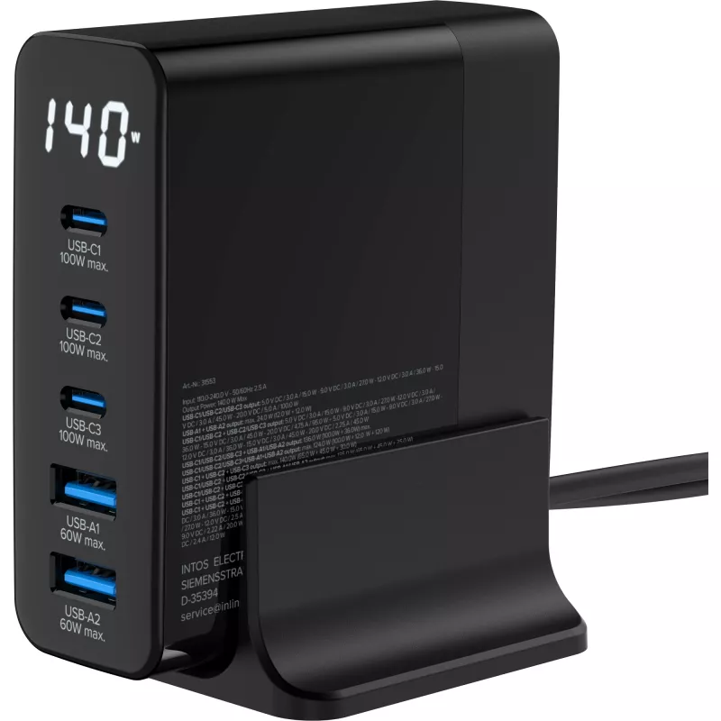 InLine USB PD-voeding, GaN-oplader, 5 poorten, USB-C + USB-A, 140W, met display
