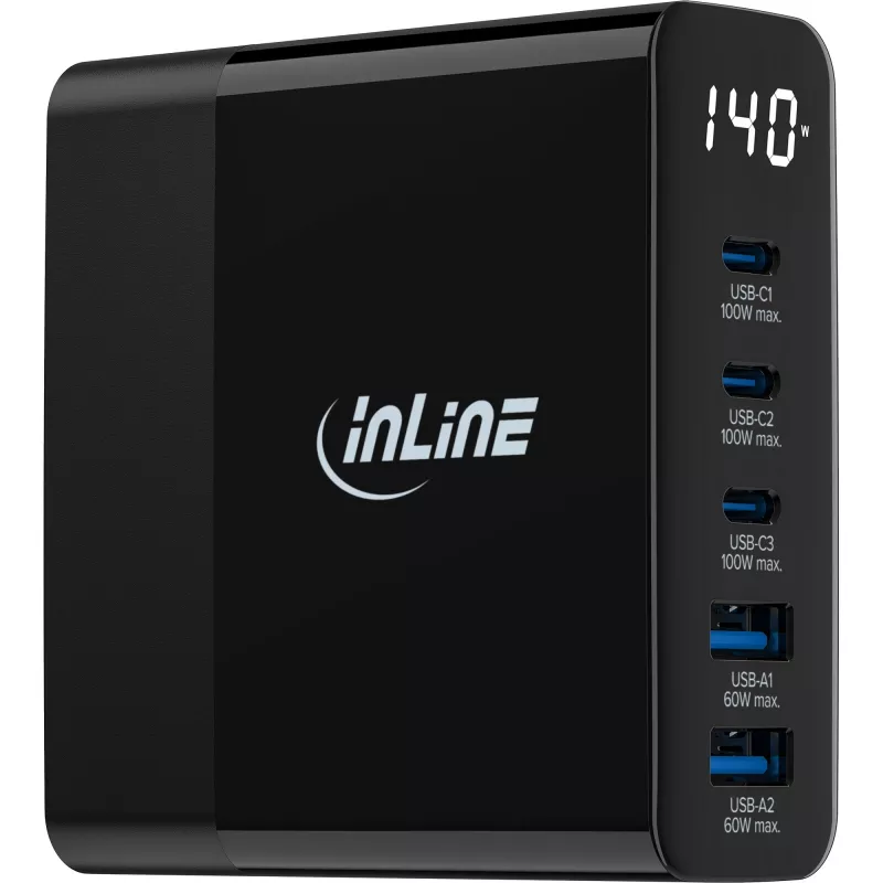 InLine USB PD-voeding, GaN-oplader, 5 poorten, USB-C + USB-A, 140W, met display