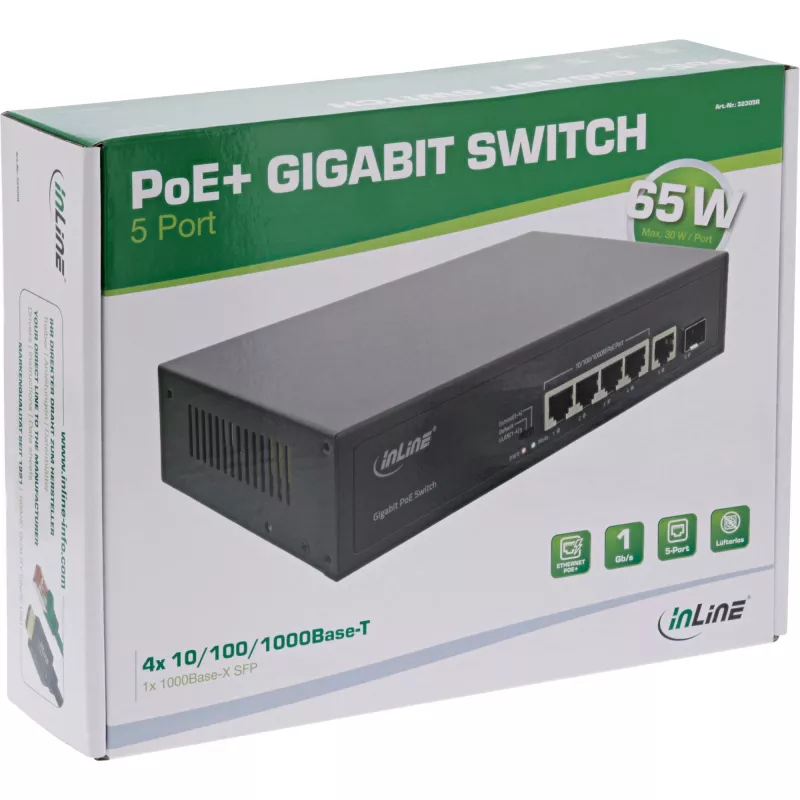 Unmanaged switch InLine PoE+ Gigabit netwerkswitch 5 poorten 4x PoE+ 1xSFP 1Gb/s desktop