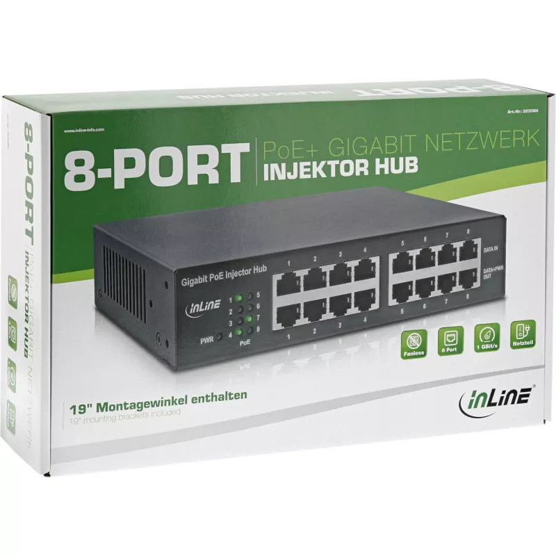 InLine PoE+ Gigabit netwerk-injectorhub 8 poorten (8x PoE+), 1 Gbit/s, 19 inch 1U