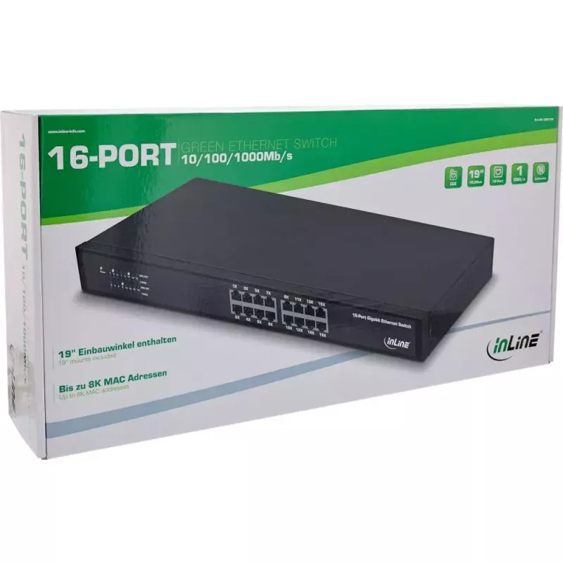 InLine Gigabit netwerkswitch 16 poorten, 1Gb/s, 19 inch 1U, ventilatorloos