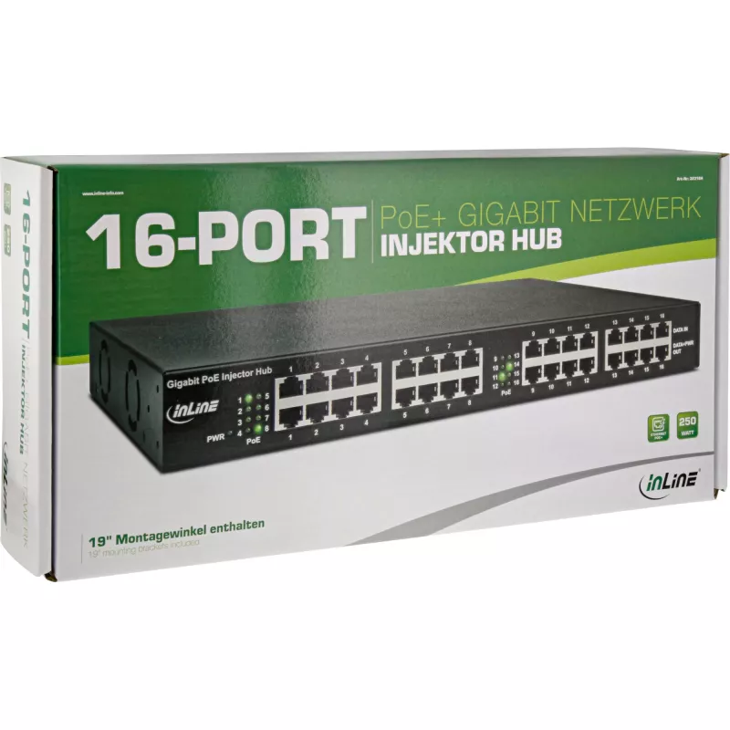 InLine PoE+ Gigabit injectorhub 16 poorten PoE+ 250 W, 19" 1U, beugels inbegrepen, 2 ventilatoren, zwart