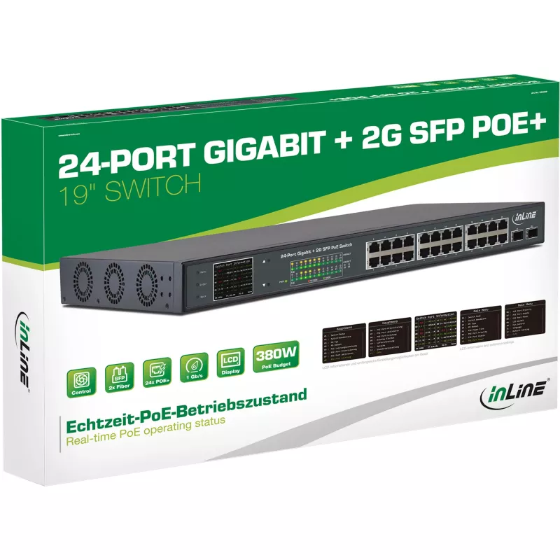 InLine PoE+ Gigabit netwerkswitch 24 poorten, 1 Gb/s, 2xSFP, 19 inch 1U (incl. beugels)