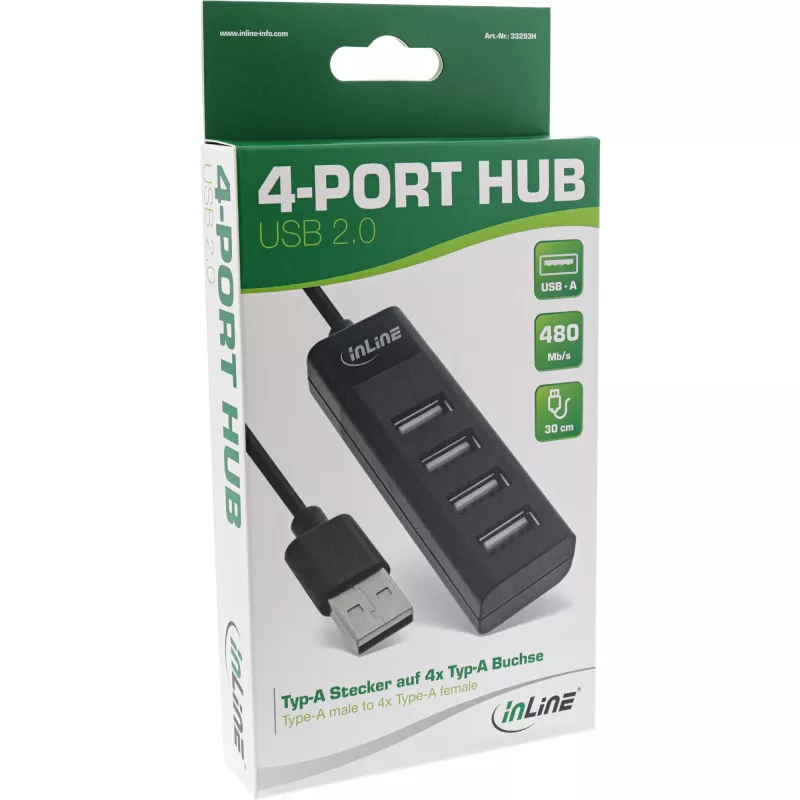 InLine USB 2.0 4-poorts hub, Type-A-stekker naar 4x Type-A-bus, zwart, 30 cm, slank