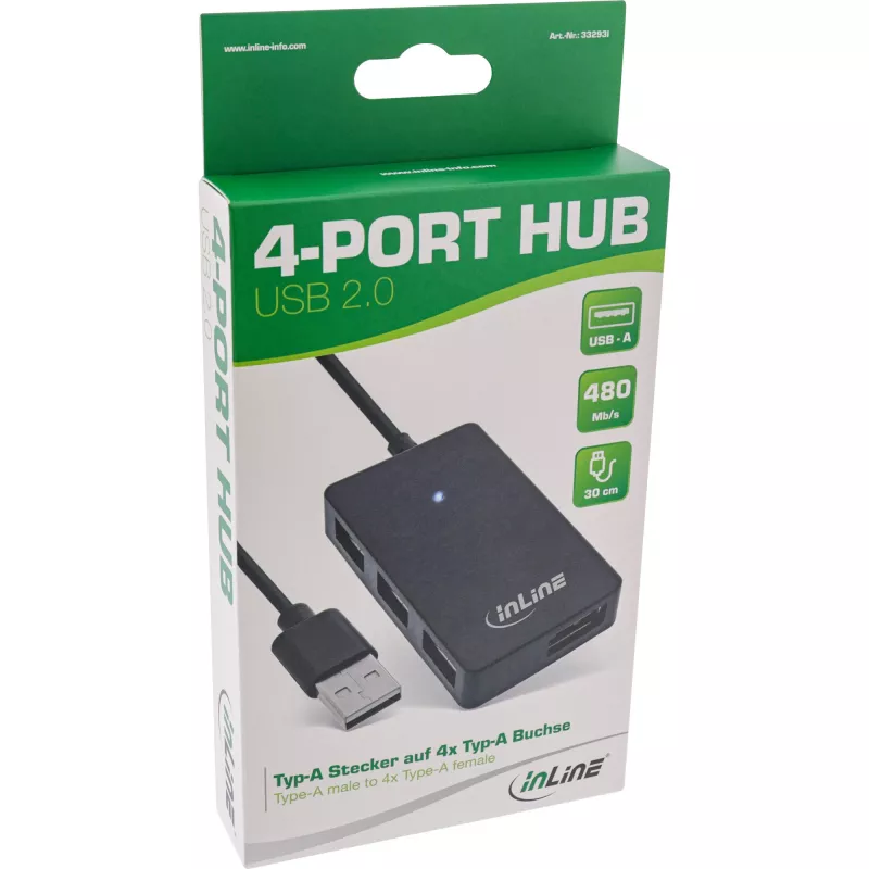 InLine USB 2.0 4-poorts hub, Type-A-stekker naar 4x Type-A-bus, zwart, 30 cm