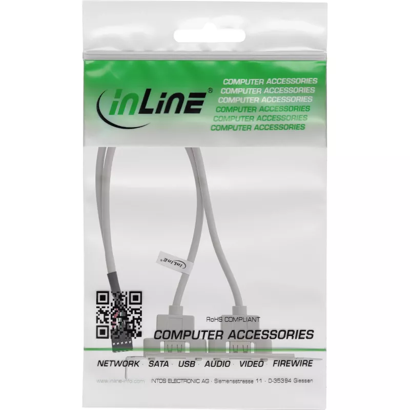 InLine USB 2.0 slotbeugel 2x USB Type-A bus naar 1x 10-pins aansluiting 0,35 m
