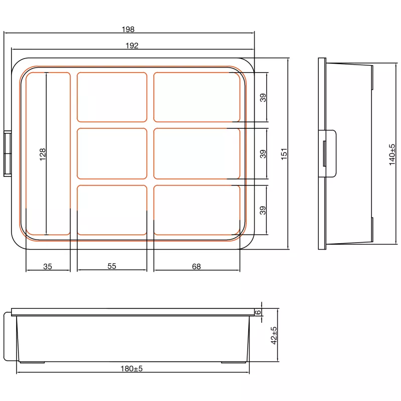 InLine onderdelenbox, 7 vakken, 180 x 140 x 40 mm, oranje