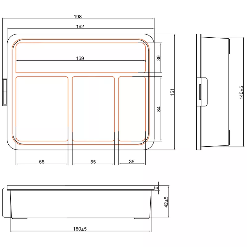 InLine onderdelenbox, 4 vakken, 180x140x40mm, oranje