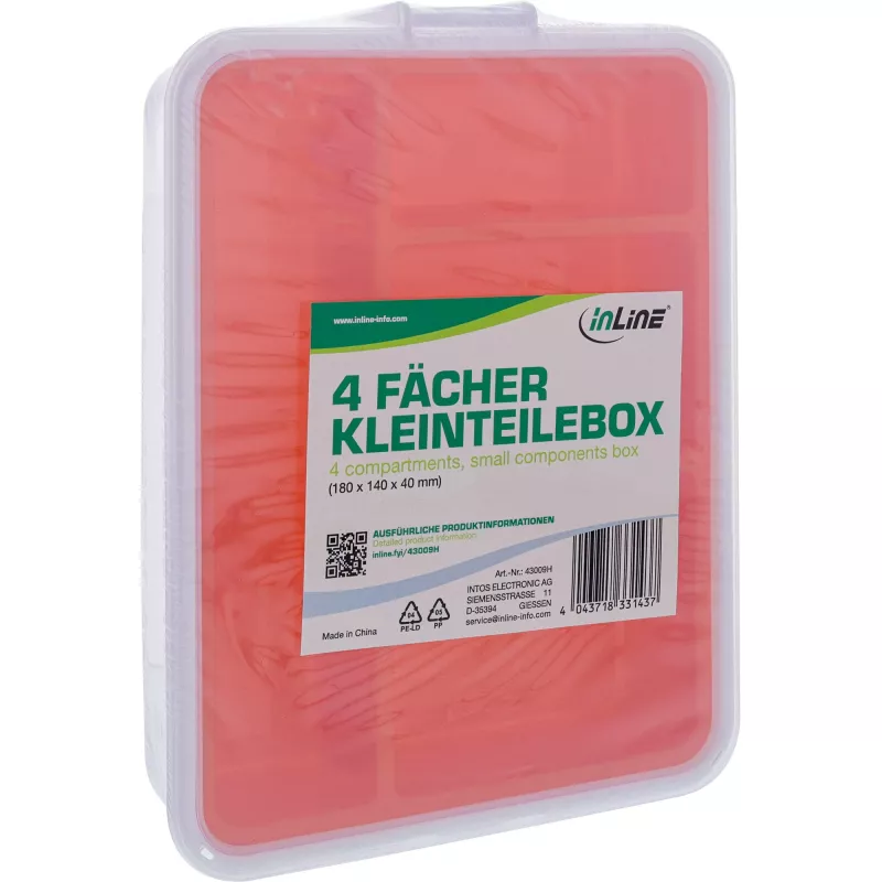 InLine onderdelenbox, 4 vakken, 180x140x40mm, oranje