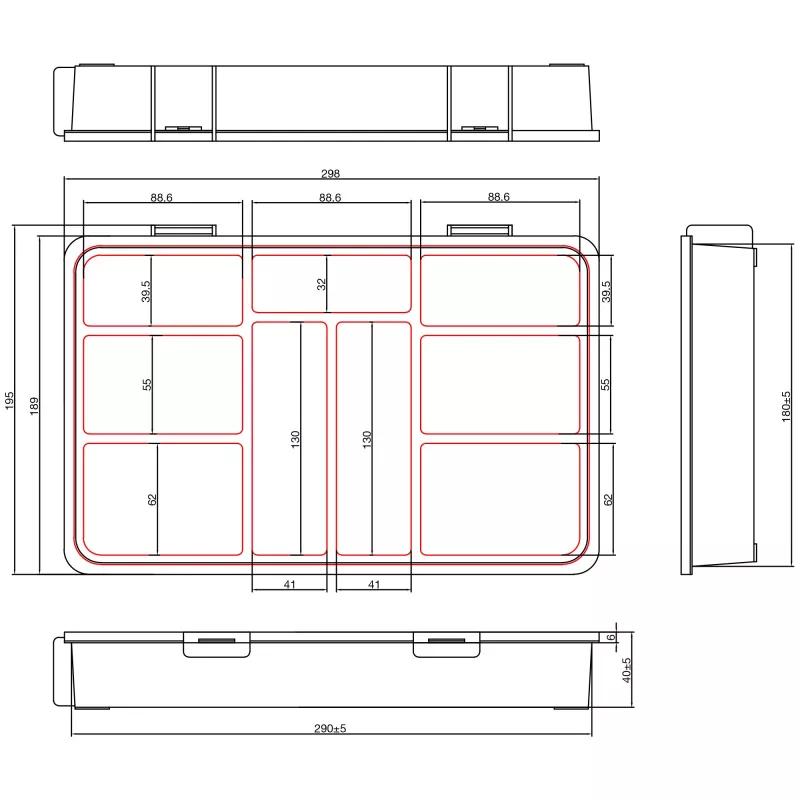 InLine onderdelenbox, 9 vakken, 290x185x45mm, oranje