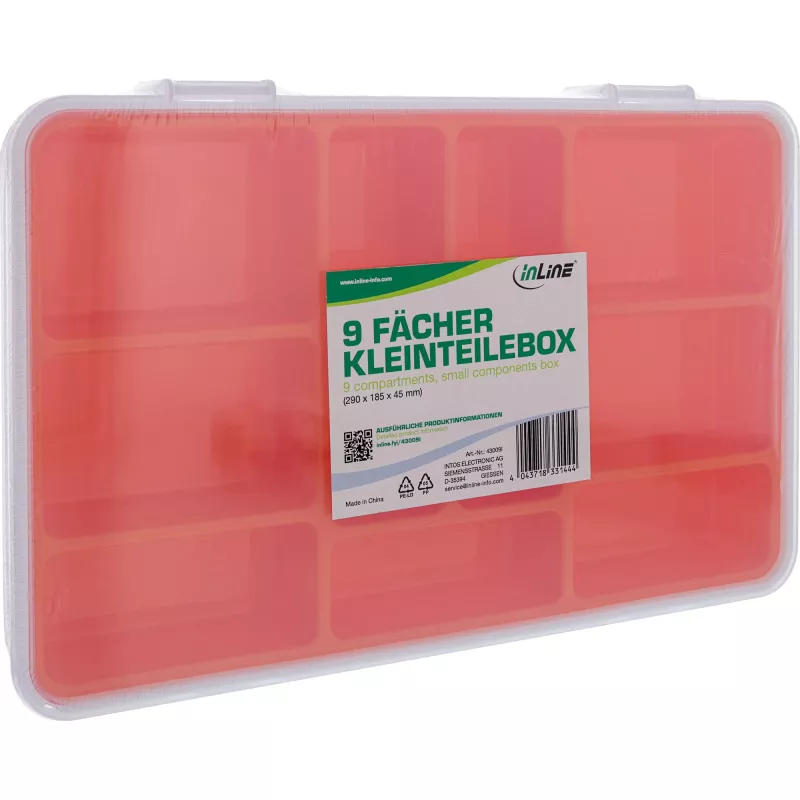InLine onderdelenbox, 9 vakken, 290x185x45mm, oranje