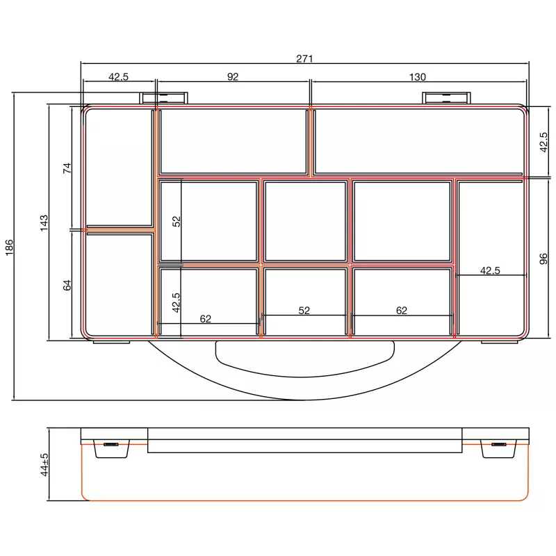 InLine onderdelenbox, 11 vakken, 271x186x40mm, oranje