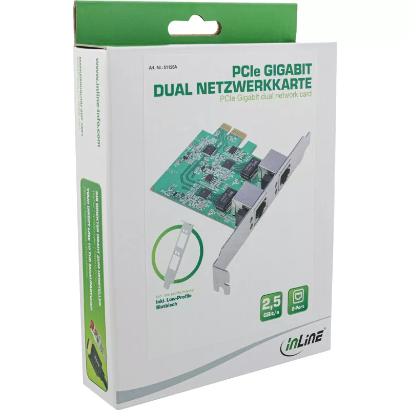 InLine 51126A Dual 2,5 Gigabit netwerkkaart, 2x RJ45, PCIe x1, incl. LP-beugel