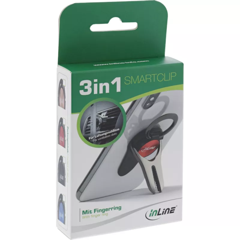 InLine smartphone 3-in-1 autohouder, standaard, fingerhouder, rood