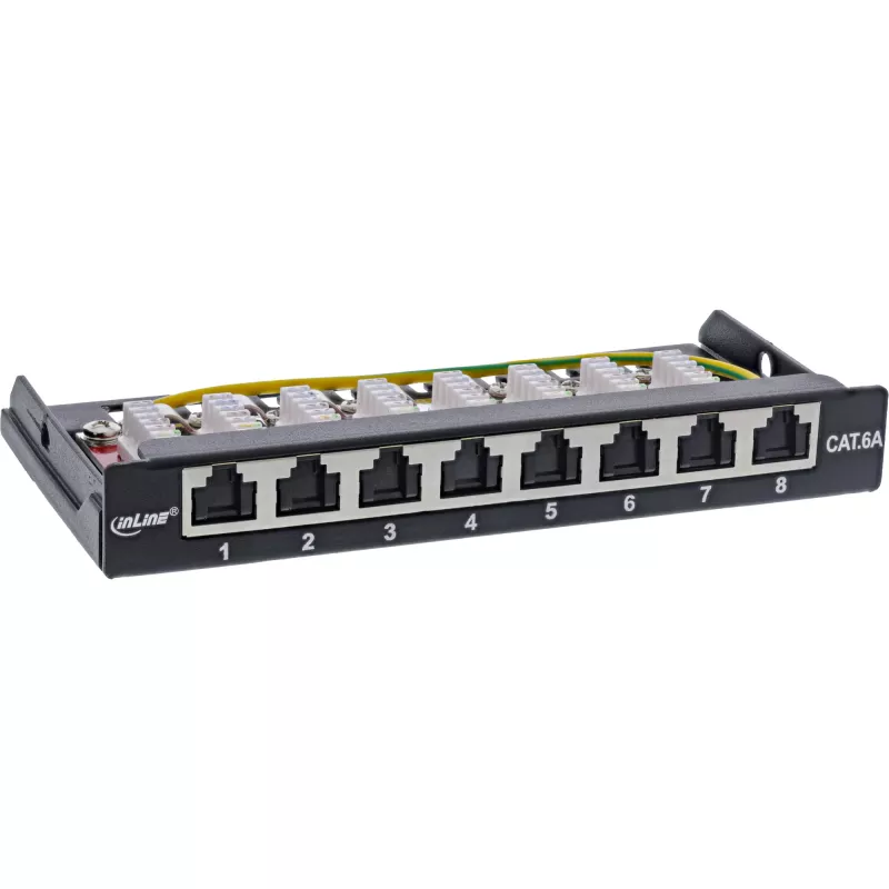 InLine patchpanel Cat.6A 0.5U 8-poorts, tafel/wand/rail, zwart, stofbescherming