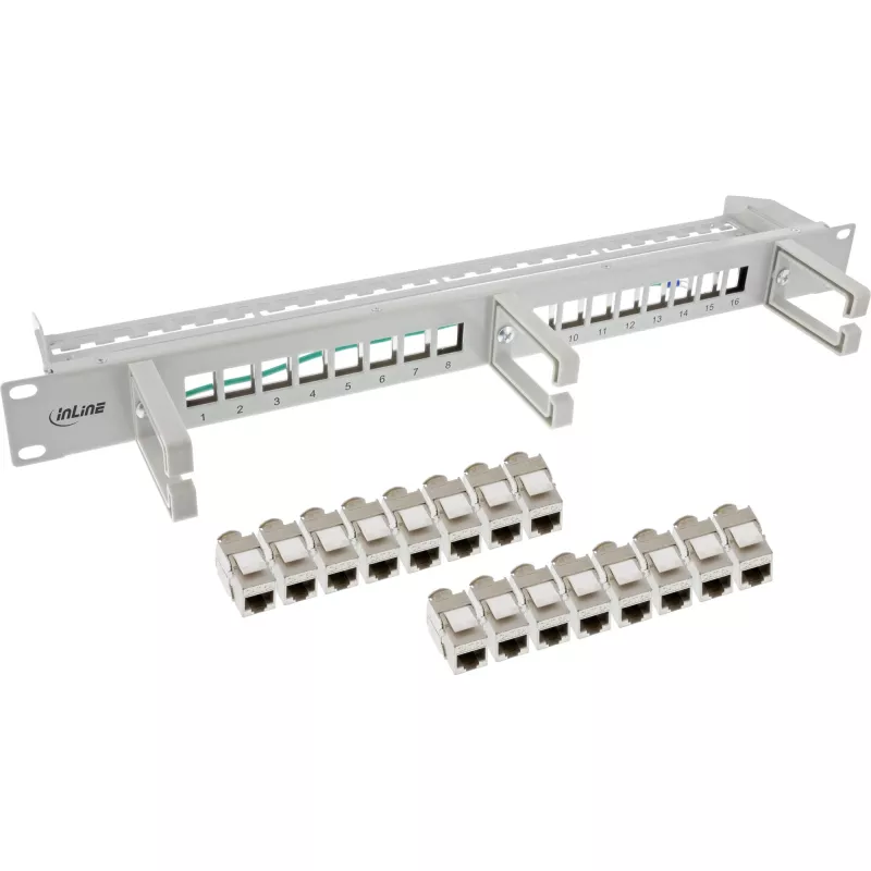 InLine Patch Panel Cat.6A 16-voudig, met 3 kabelmanagementbeugels, 16 keystones, 19 inch, 1HE, grijs