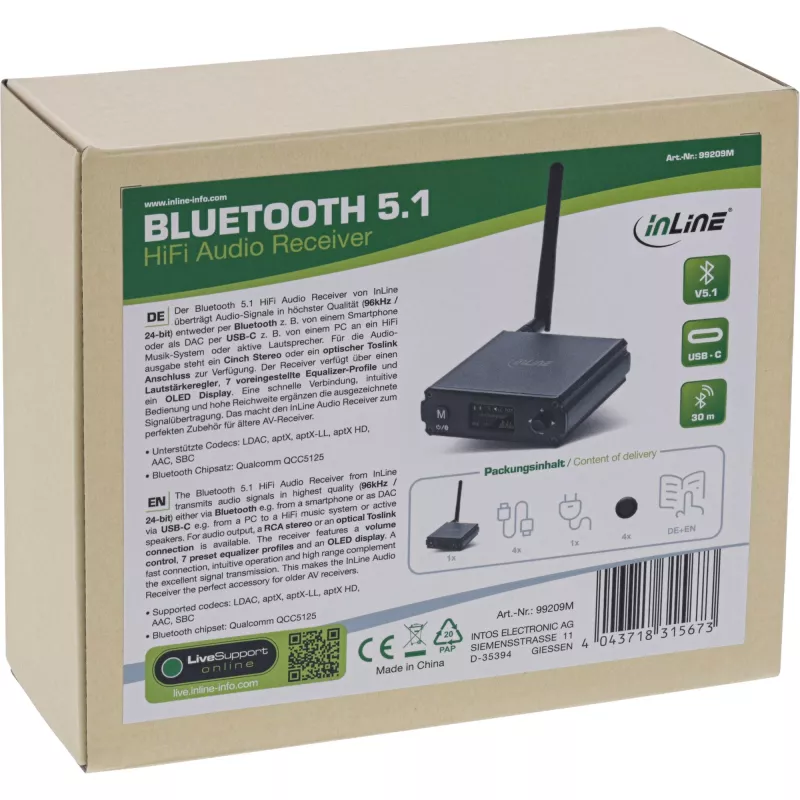 InLine Bluetooth 5.1 HiFi-receiver & USB-DAC met LCD 30m bereik