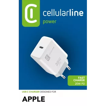 Cellularline USB-C-oplader 20 W – iPhone 8 of nieuwer 20-W-USB-C-netlader voor het opladen van het iPhone 8 en nieuwere modellen met maximale snelheid