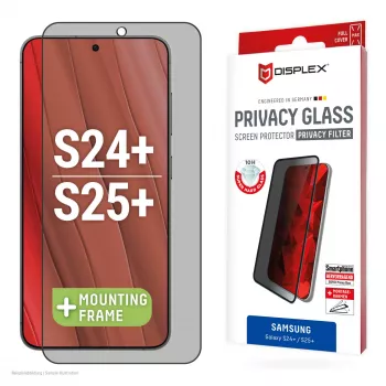 Displex privacy-displayschermfolie (10H) voor Samsung Galaxy S24+/S25+, Eco montageframe, privacysfilter