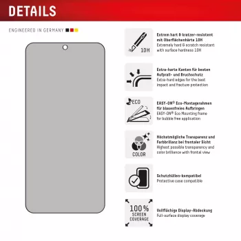 Displex privacy-displayschermfolie (10H) voor Samsung Galaxy S24+/S25+, Eco montageframe, privacysfilter