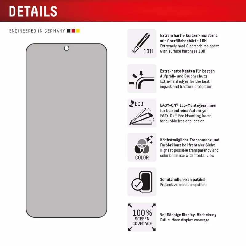 Displex privacy-displayschermfolie (10H) voor Samsung Galaxy S24+/S25+, Eco montageframe, privacysfilter
