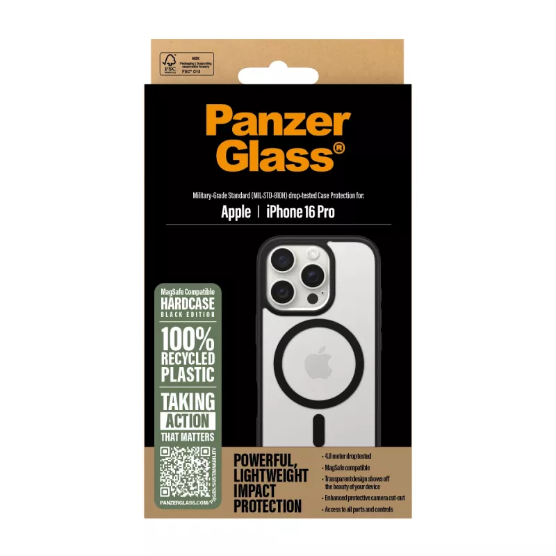 PanzerGlass® HardCase transparant met zwarte MagSafe & frame iPhone 16 Pro