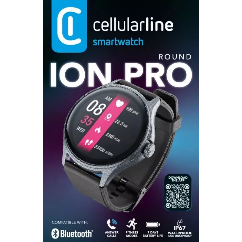 Cellularline ION PRO Round Bluetooth® smartwatch met app, 3,51 cm (1,38 inch), TFT, touchscreen, 0,00064 GB, 98 g