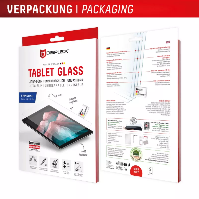 Displex Tablet Glass (9H) voor Samsung Galaxy Tab S10 FE+, Eco montageframe, onbreekbaar