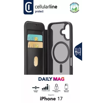 Cellularline Daily Mag - iPhone 17 boekhoes met halftransparante harde achterkant, compatibel met het MagSafe®-ecosysteem