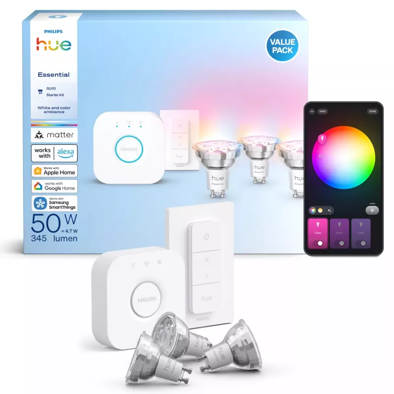 Philips Hue White and Colour Ambience Essential startset: 3 GU10 slimme lampen (345 lm) + dimschakelaar