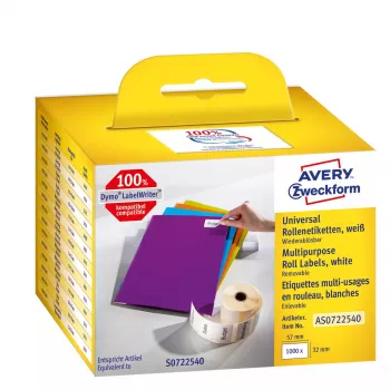 Avery AS0722540 zelfklevende, herbruikbare rechthoekige etiketten — 32 × 57 mm, wit, 1000 stuks