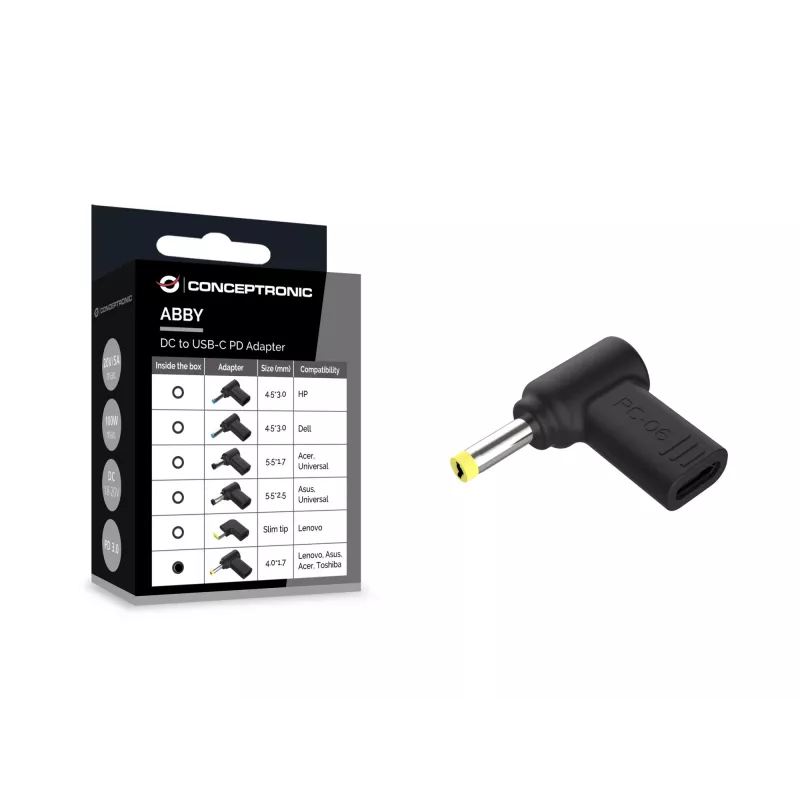 Conceptronic ABBY15PC06 DC-naar-USB-C-adapter, Lenovo/Asus/Acer/Toshiba 4,0x1,7 mm, 18-20 V