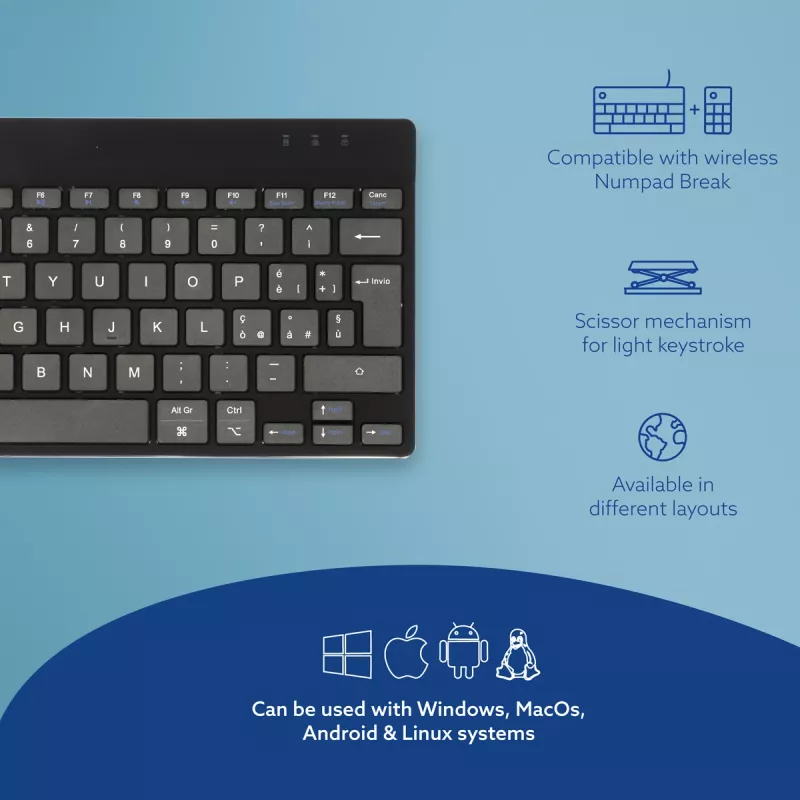 R-Go Tools ergonomisch toetsenbord R-Go Compact Break, compact toetsenbord met pauzesoftware, QWERTY (IT), Bluetooth, zwart