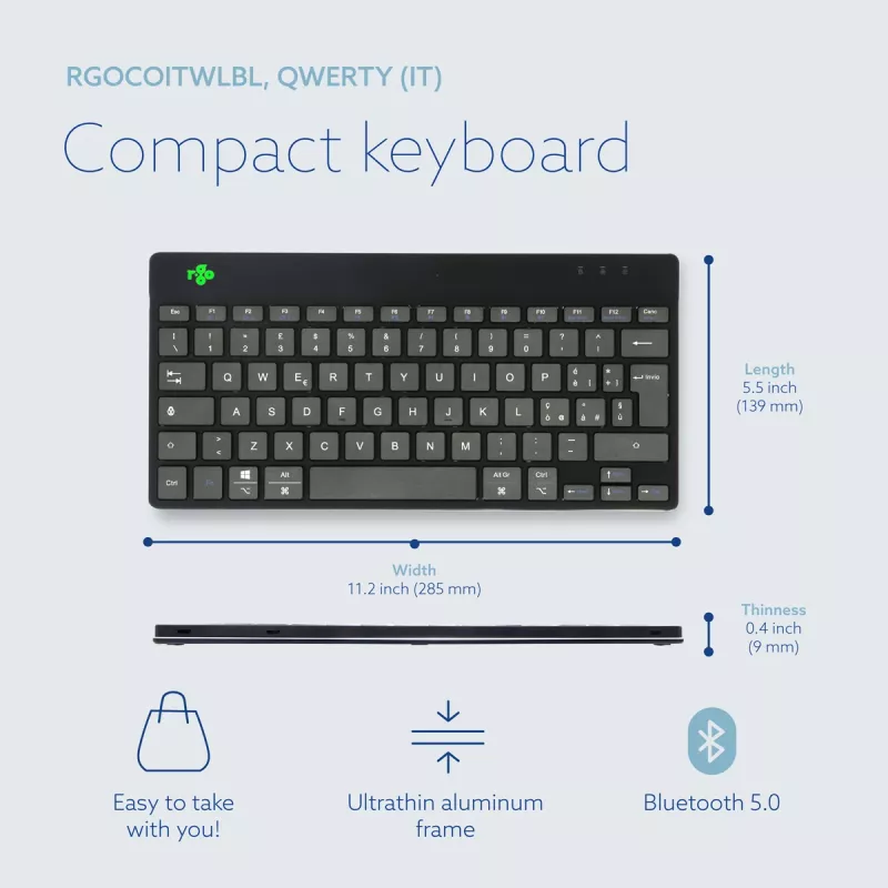 R-Go Tools ergonomisch toetsenbord R-Go Compact Break, compact toetsenbord met pauzesoftware, QWERTY (IT), Bluetooth, zwart