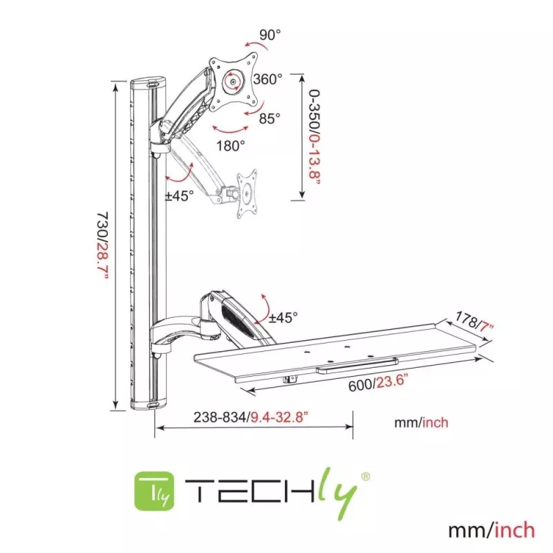 Techly ICA-PLW 02 monitorhouder / standvoet 68,6 cm (27 inch) wand zilver