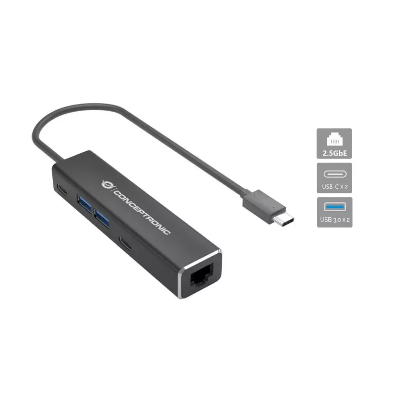 Conceptronic ABBY14B 2.5G Ethernet USB 3.2 Gen 1 adapter met USB-hub, 2.5GbE, USB-A x 2, USB-C x 2