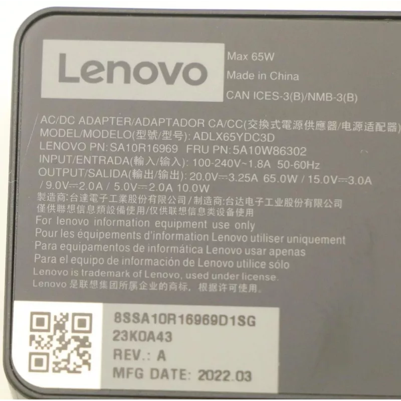 Lenovo 5A10W86202 voeding binnen 65 W zwart